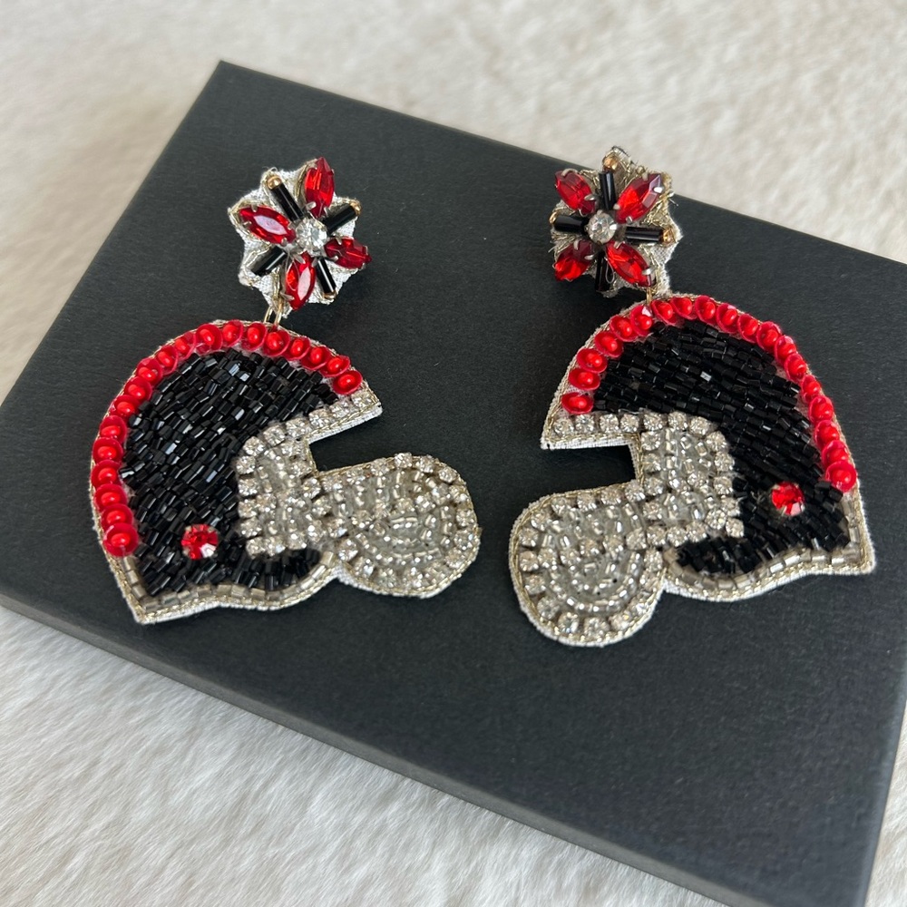 Game Day Seed Bead Football Helmet Drop Earrings Bedazzled Bling Handmade